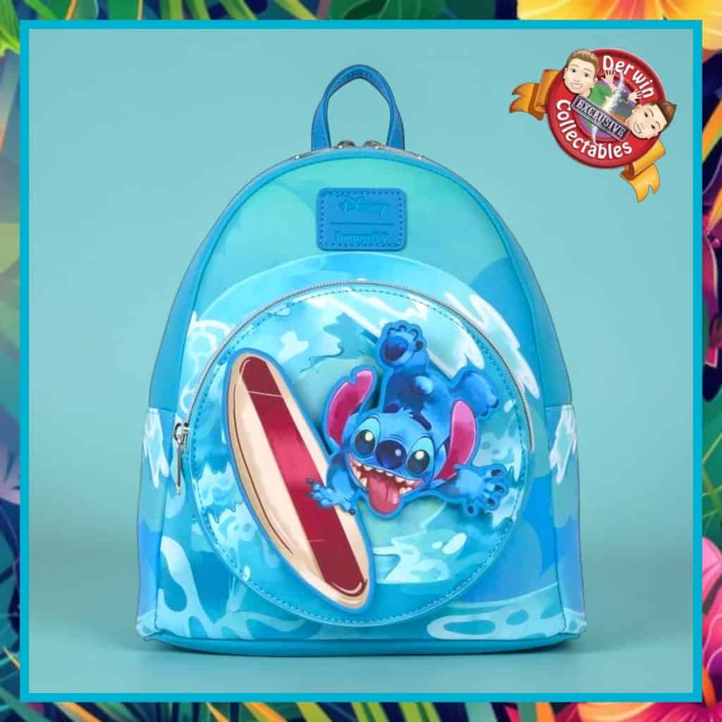 Blauwe Stitch rugzak met surfplank, ideaal voor fans van Disney's Lilo & Stitch.