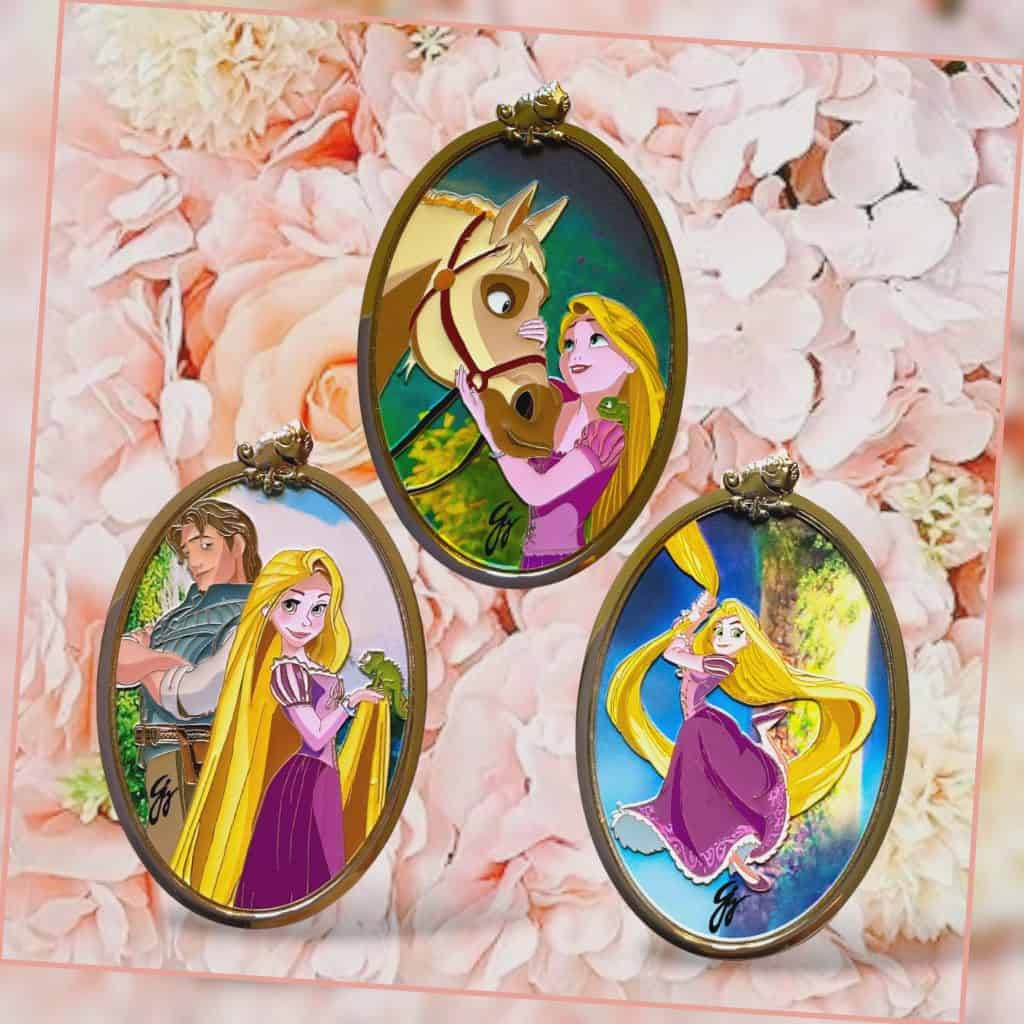Drie Disney prinsessen en paard decoratie met rozen bloemen achtergrond.